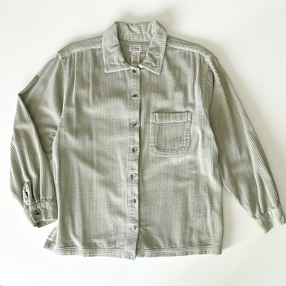LL Bean Corduroy Lt Green Long Sleeve Shirt Shacket Oversized M Petite